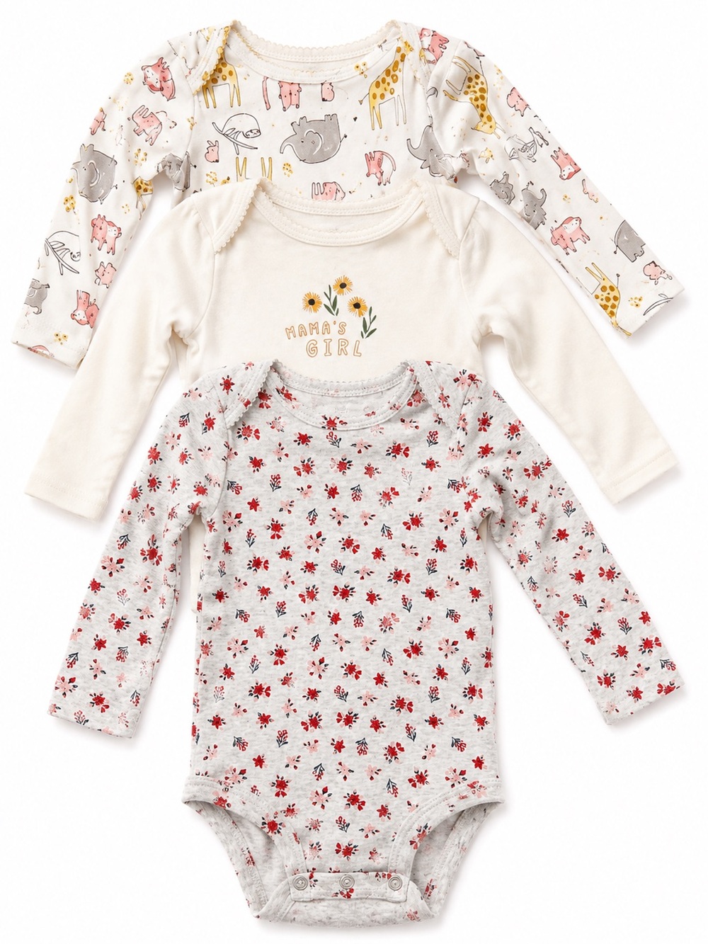 3-Pack Baby Long-Sleeve Bodysuits - Floral, Cream & Animal Print